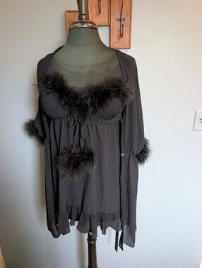 Black Feather-Trim Negligee and Robe Set By Seductivewear By Cinema